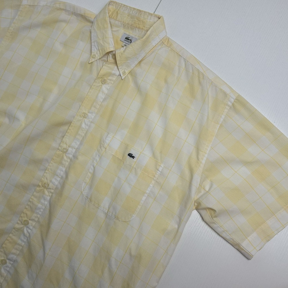 Lacoste Short Sleeve Button-Up Button-Down Collar Shirt 43 Yellow & White Plaid